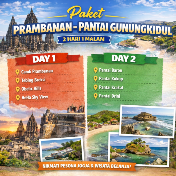 paket wisata jogja 2 hari 1 malam prambanan - pantai gunung kidul