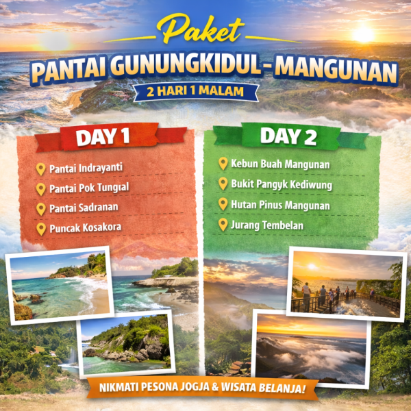 paket wisata jogja 2 hari 1 malam pantai gunungkidul - mangunan